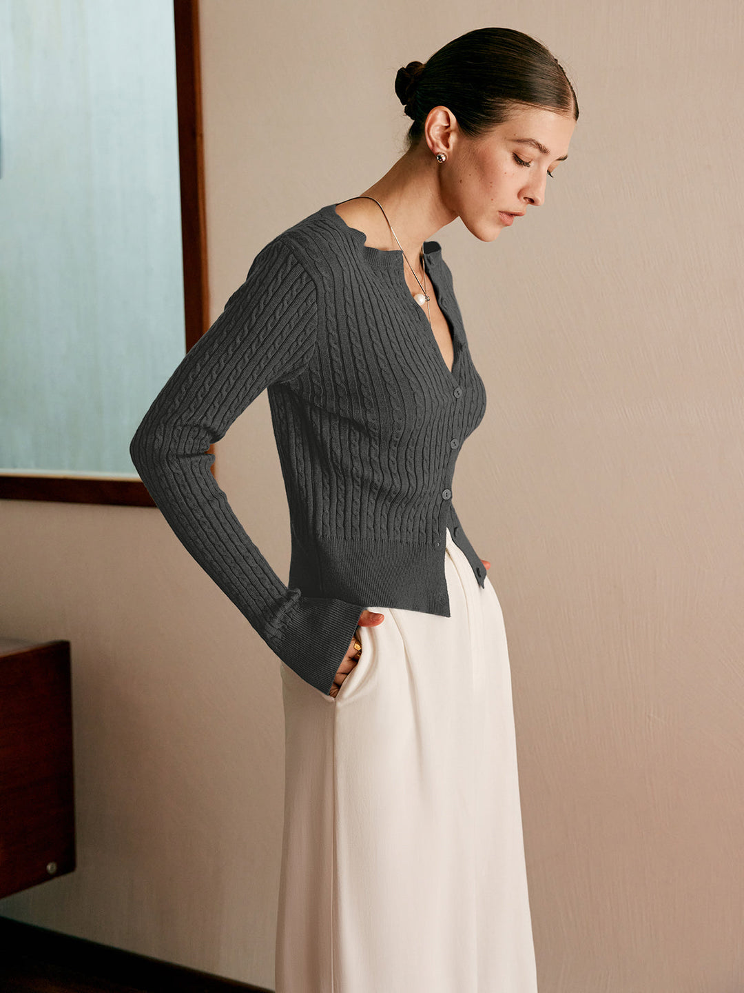 Ilse - Button Slim Cable Knit Cardigan