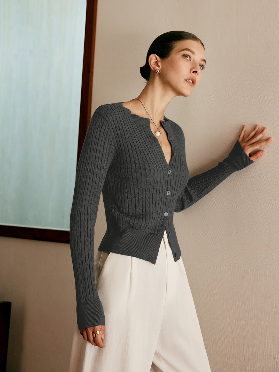 Ilse - Button Slim Cable Knit Cardigan