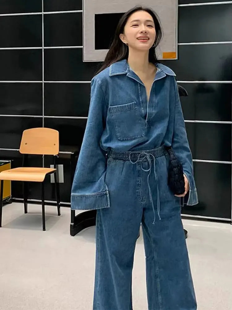 Pulloza - Stylish Denim Blouse and Pants