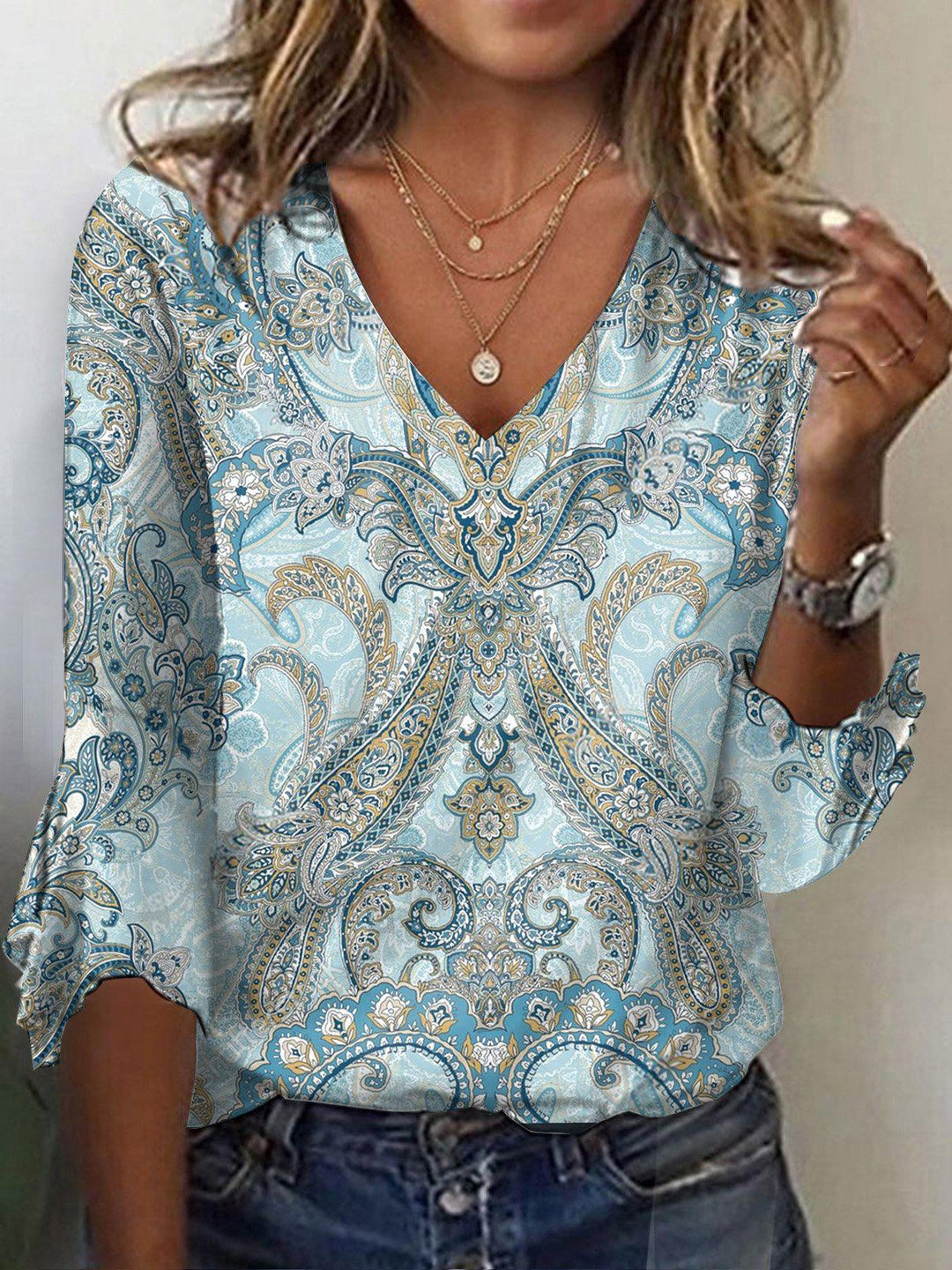 Audrey - Elegant V-Neck Print Top