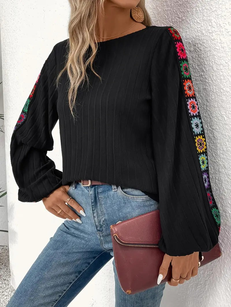 Bloomine - Embroidered Round Neck Long Sleeve Blouse