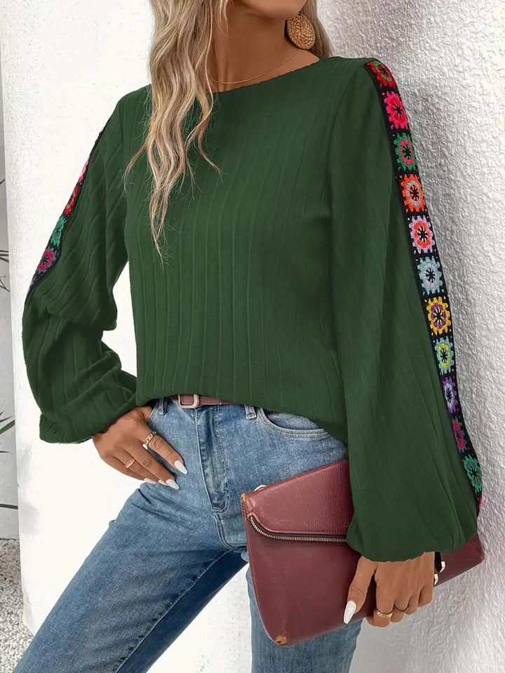 Bloomine - Embroidered Round Neck Long Sleeve Blouse